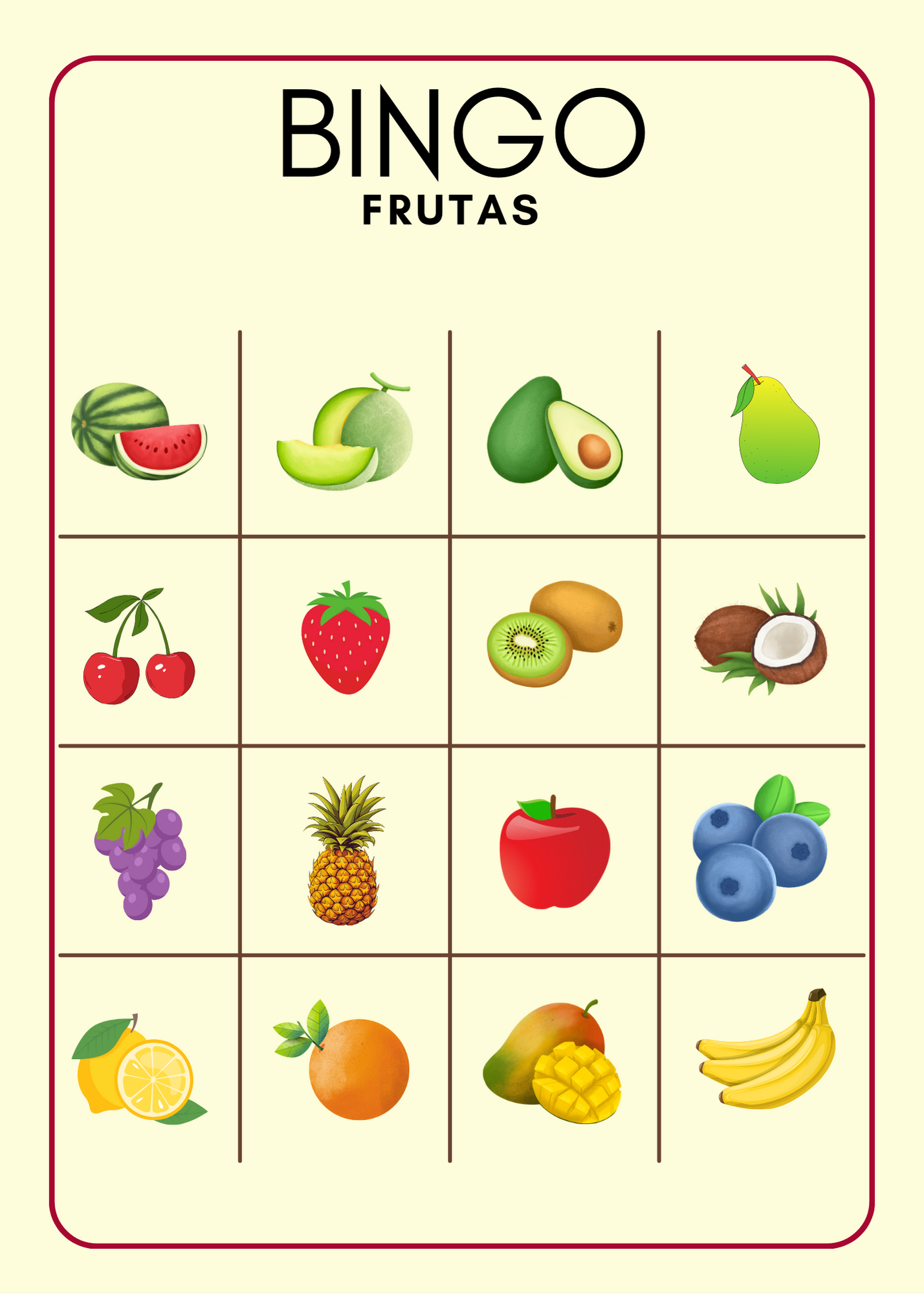 fruits bingo cards in spanish language