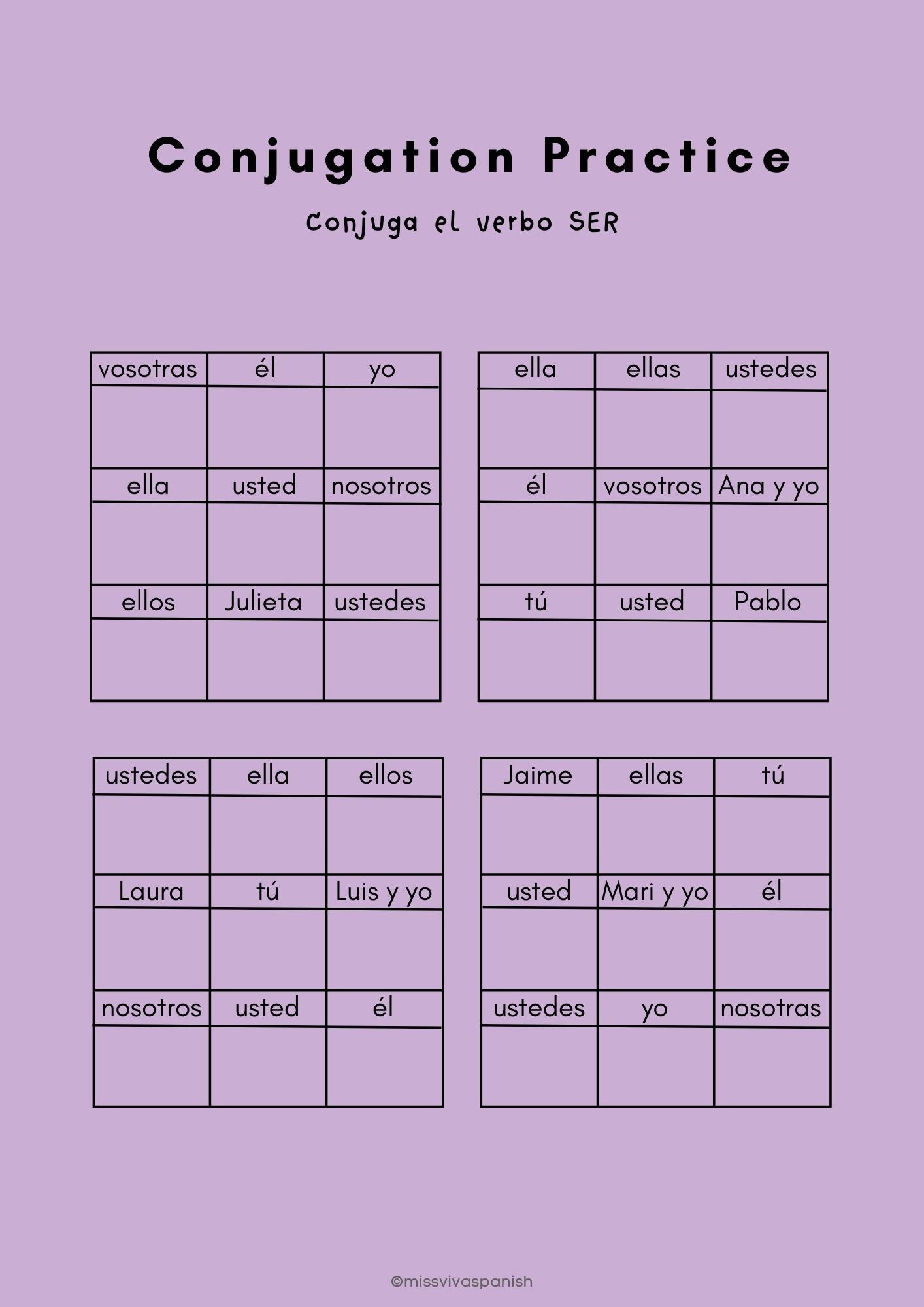 verb conjugation in spanish sheet