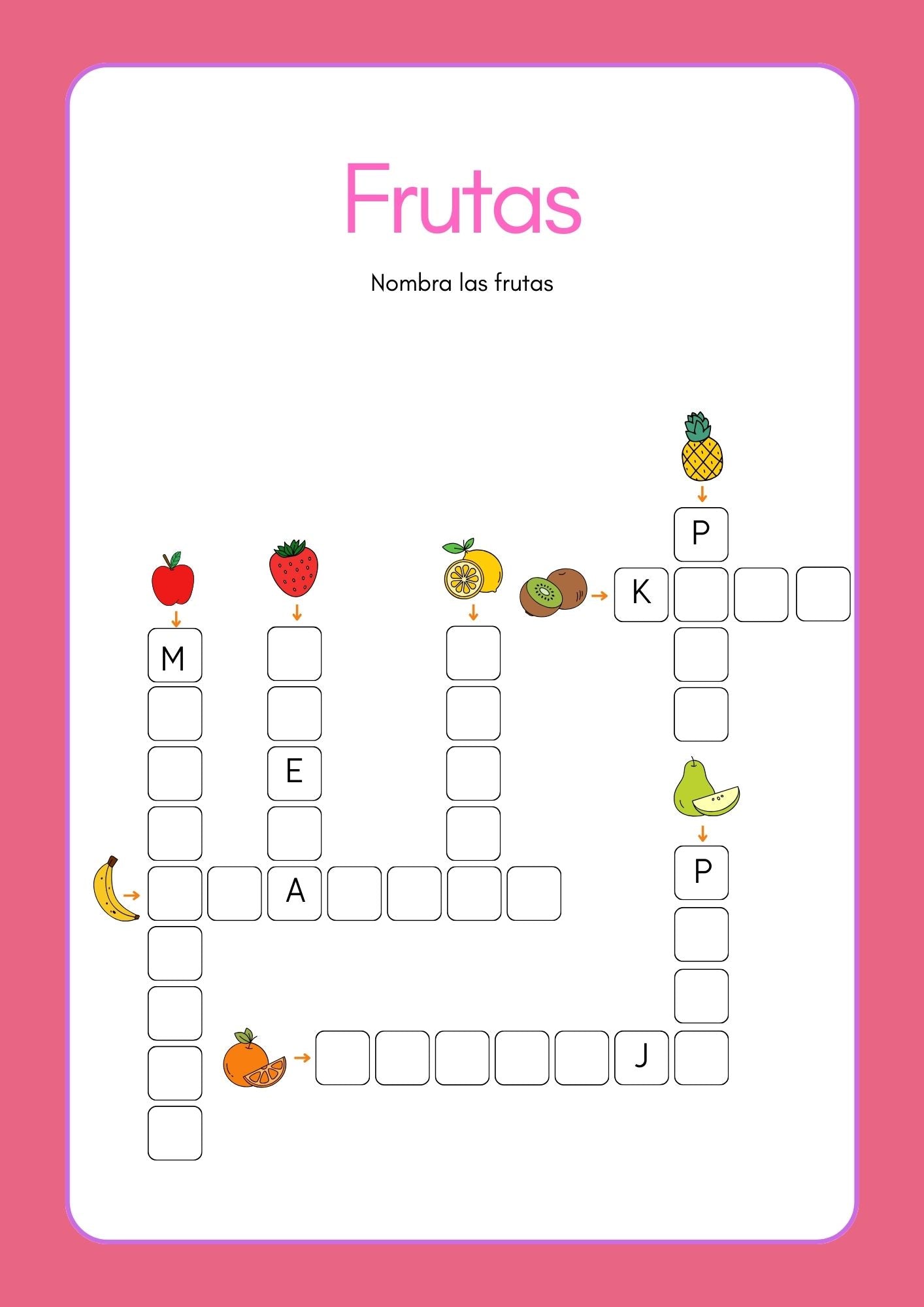 fruits crossword worksheet in Spanish